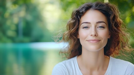 Close up portrait of a woman in a state of serene meditation by a tranquil lake surrounded by gentle reflections of trees and soft natural lighting capturing a sense of calm focus and inner peace