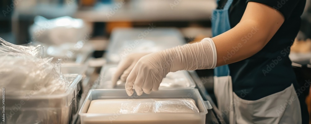 Poster gloved hands carefully sorting fragile items into padded containers for product safety and assurance