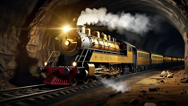 A locomotive train is inside the cave. Seamless 4K looping timelapse video animation background