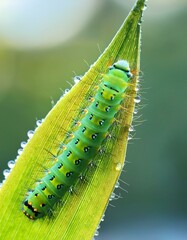 Naklejka premium closeup Green caterpillar on leaf with morning dew, detailed texture of tiny hairs wallpaper