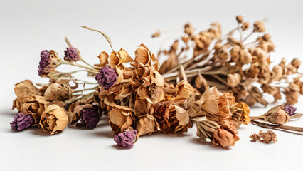 A collection of dried everlasting flowers on a white background.