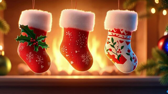 Cozy christmas stockings with festive patterns hung by the fireplace