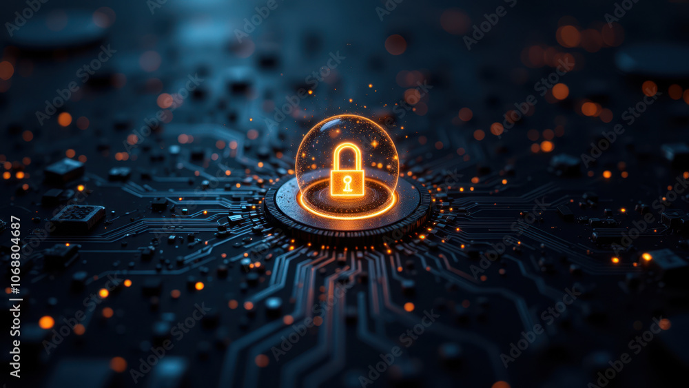 Poster cybersecurity key lock icon with glowing orbs and circuit board.