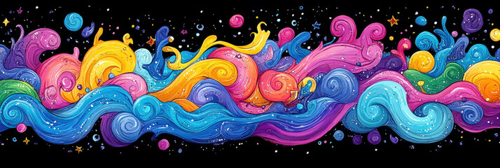 A vibrant mural features colorful swirls and patterns across a black canvas, highlighting creative artistry and vivid imagination