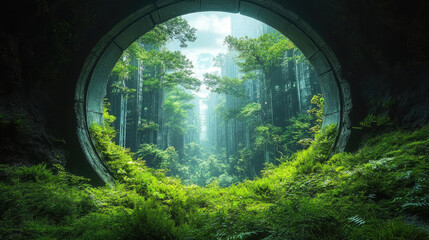 Obraz premium The view through a circular stone structure reveals a serene forest filled with lush greenery and dappled sunlight, evoking peace and tranquility