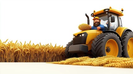 Tractor harvesting wheat, isolate white background.