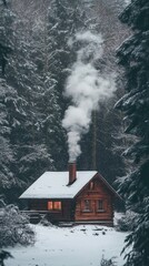 Cozy Cabin in Snowy Woods with Rising Smoke
