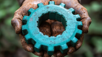 A person holds a green cog gear in soiled hands, revealing the intricate design and outdoor setting under natural light