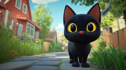 Black cat with noticeable facial scars intently observing its prey in a suburban setting