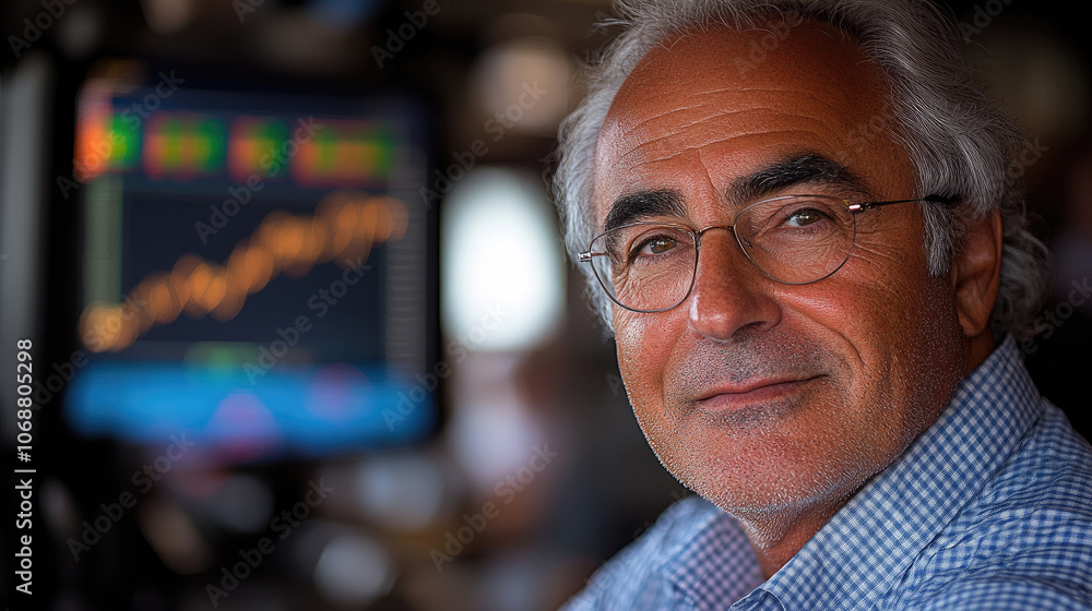 Poster a focused analyst examines financial data on a computer screen while bright market trends highlight 