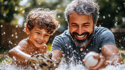 Fototapeta premium Grandfather and grandson share laughter and fun as they splash water in a sunny backyard, creating cherished summer memories together