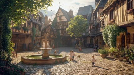 Medieval Market Town with Timber-Framed Buildings and Cobblestone Streets