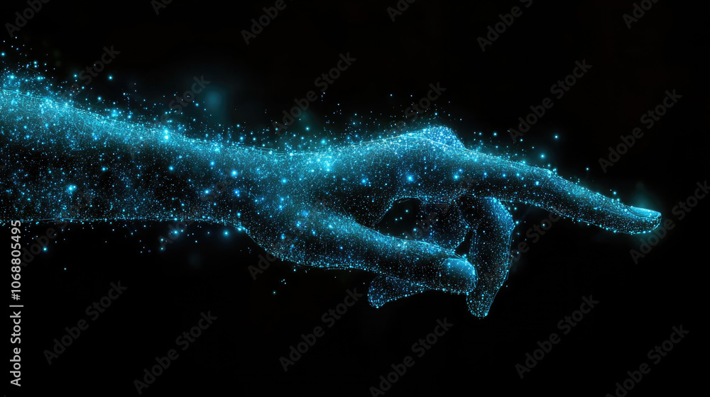 Poster a hand made of shimmering blue particles extends forward in a captivating display, surrounded by a d
