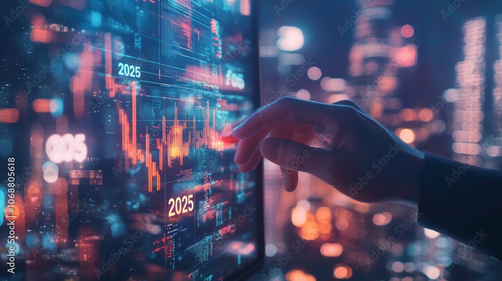 Poster a hand interacts with a screen displaying financial data charts and graphs against a cityscape backg