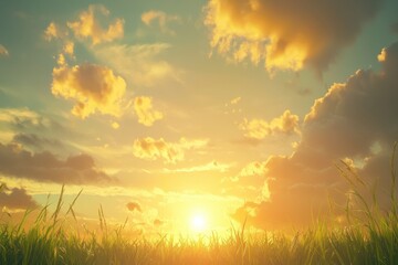 Anime Style Sunset Sky with yellow Clouds over Field