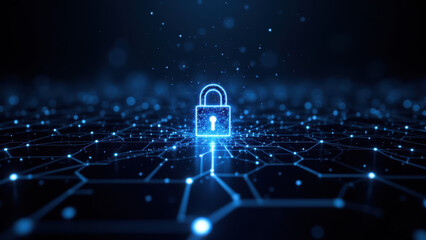 A digital lock symbolizing cybersecurity and encryption, set against a backdrop of interconnected technology.