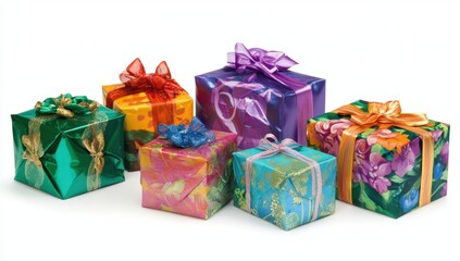 Fototapeta premium Stack of colorful wrapped gift boxes with shiny bows