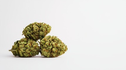 Fototapeta premium Three cannabis buds arranged neatly on a clean, white background, emphasizing their vibrant green color and unique textures.