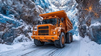 The powerful dump truck makes its way through a narrow, icy gorge surrounded by towering, snow-capped walls, showcasing impressive engineering