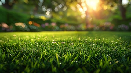 Naklejka premium Detailed view of green grass blades with a softly blurred garden in the background, showcasing a variety of flowers and trees that create a peaceful and natural outdoor environment.