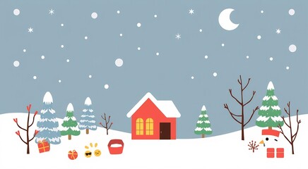 A snowy winter scene with a red house, a snowman, and a crescent moon in the sky.