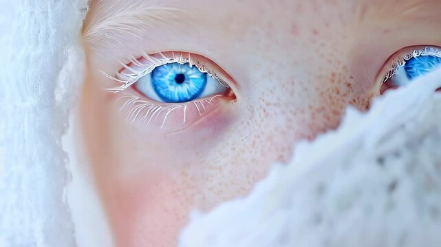 Close-up of young face of albino girl with blue eyes and white eyelashes