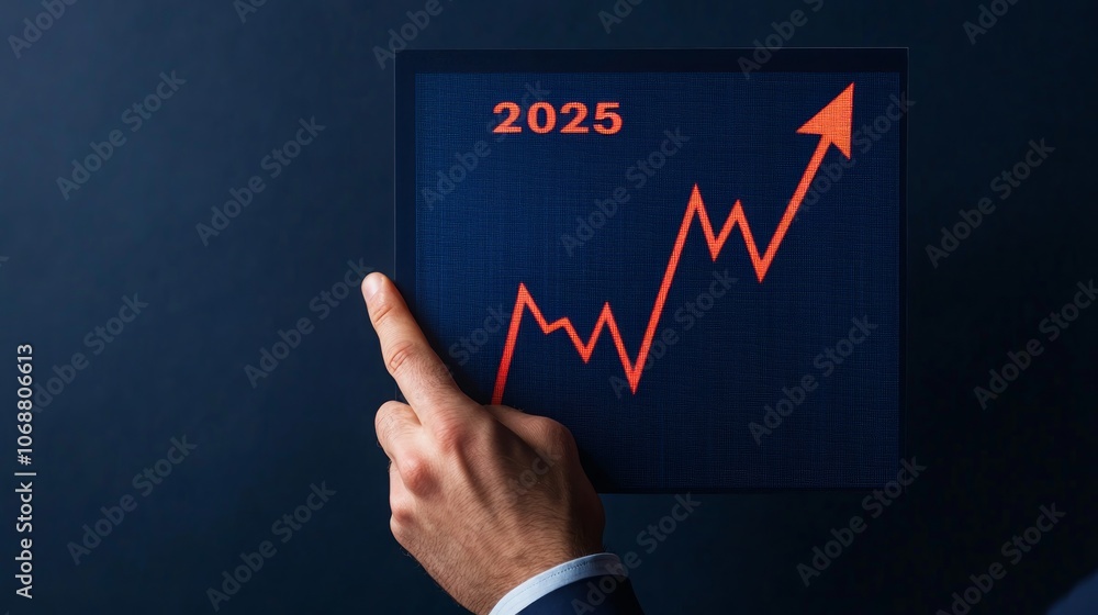 Aufkleber a hand pointing to an upward trending graph with the year 2025 displayed on a digital screen.