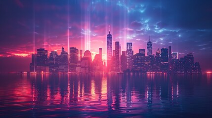Obraz premium Rendered skyline lit by beams of light, honoring Patriot Day, set against a reflective, colorful background