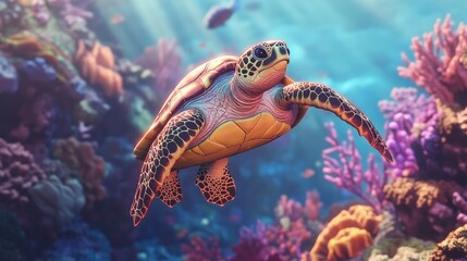Fototapeta premium Hawksbill sea turtle gracefully gliding through vibrant coral reef marine wildlife exploration