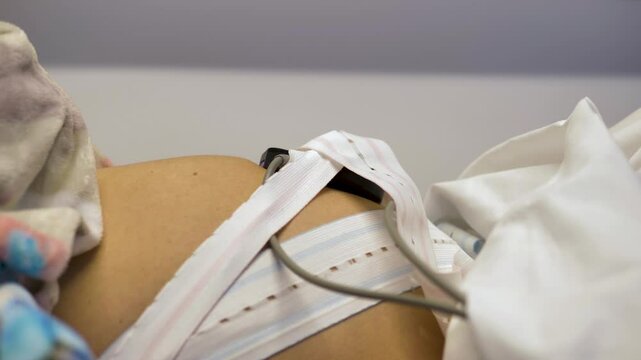Fabric belts placed around a woman&rsquo;s stomach holding transducers in place to monitor contractions, connected to a Cardiotocography machine, demonstrating advanced prenatal care