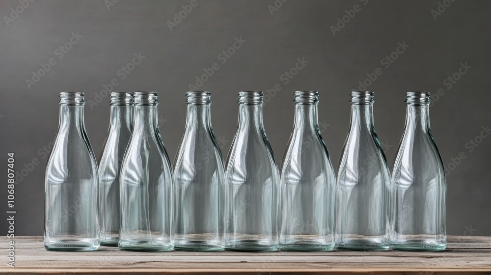 Poster glass bottles aligned neatly, each containing clear water, reflecting light, creating a serene and o
