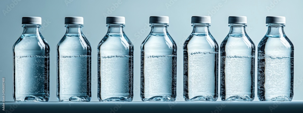 Poster uniform glass bottles filled with clear water, arranged in a neat row, reflecting light and creating