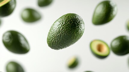 Fresh green avocado fruit falling in mid air on a white background.