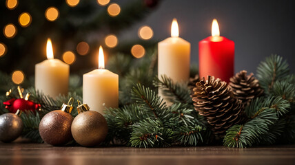 Christmas tree branches, close up with candles and bokeh lights. festive card, copy space