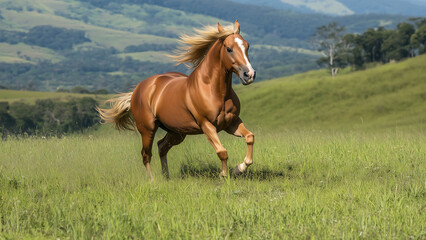Obraz premium A brown horse running on green field with mountain background.