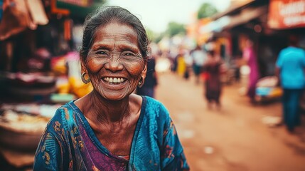 Radiant Smile in the Indian Market: A close-up portrait of an elderly Indian woman, her face radiating warmth and joy as she smiles in the bustling marketplace. Her eyes sparkle with life.