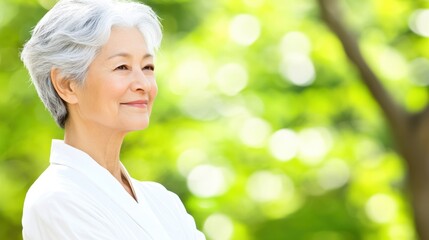 Serene and Content: A beautiful senior woman with a silver bob smiles gently, gazing into the distance against a soft, green blurred background.