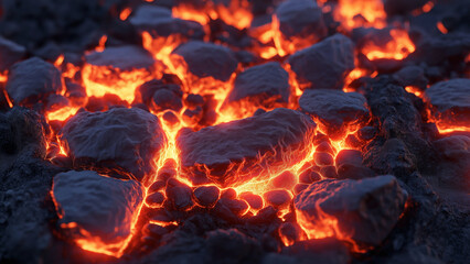 Lava flows among dark rocks, casting a fiery glow around