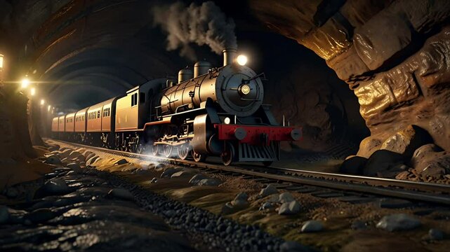 A locomotive train is inside the cave. Seamless 4K looping timelapse video animation background