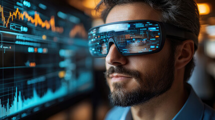 In a contemporary office, a man studies complex data on a digital display while wearing advanced augmented reality glasses to enhance his analysis
