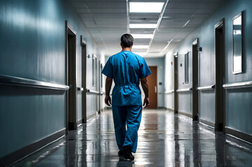 A male doctor in blue overalls walking along an empty hospital corridor. Surgeon