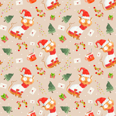 Naklejka premium Watercolor Christmas pattern with cats in festive hats and scarves