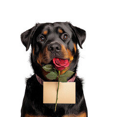 Fototapeta premium Rottweiler dog holding red rose in its mouth, with blank card. This charming image evokes feelings of love and affection, perfect for Valentine Day