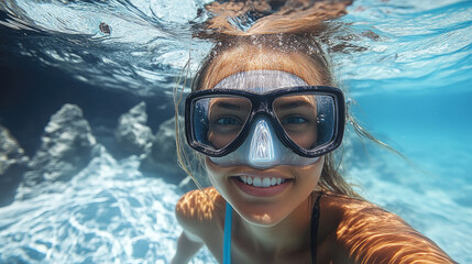Naklejka premium A cheerful woman wearing snorkeling goggles swims underwater, capturing the joy of exploring vibrant marine life in a bright ocean