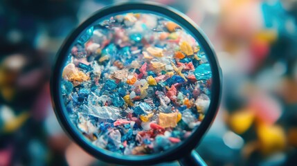 Close up macro shot of non recyclable microplastics highlighting particles under a magnifying glass Illustrates themes of water pollution and global warming