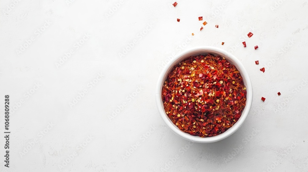 Poster Chili threads in a bowl on a textured white backdrop providing ample empty space for additional text