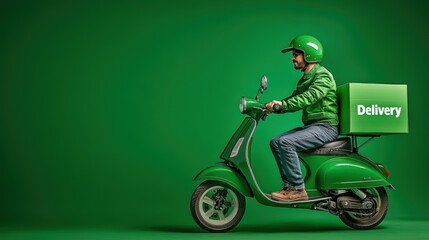 Green Delivery Scooter: A delivery driver on a green scooter, wearing a green jacket and helmet, drives towards the right side of the frame, with a box labeled "Delivery" on the back.