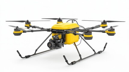 Yellow drone with four rotors, sleek design, white isolate background.