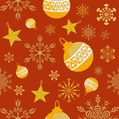 Seamless Christmas pattern with background design with Christmas ornaments, snowflakes, candies, stars , bells and Christmas trees Vector image