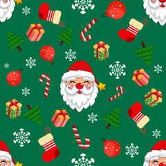 Seamless Christmas pattern with background design with Christmas ornaments, snowflakes, candies, stars , bells and Christmas trees Vector image
